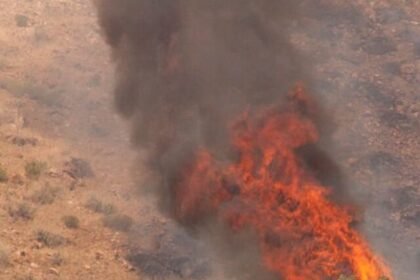 Desert fire with burning bushes and brush